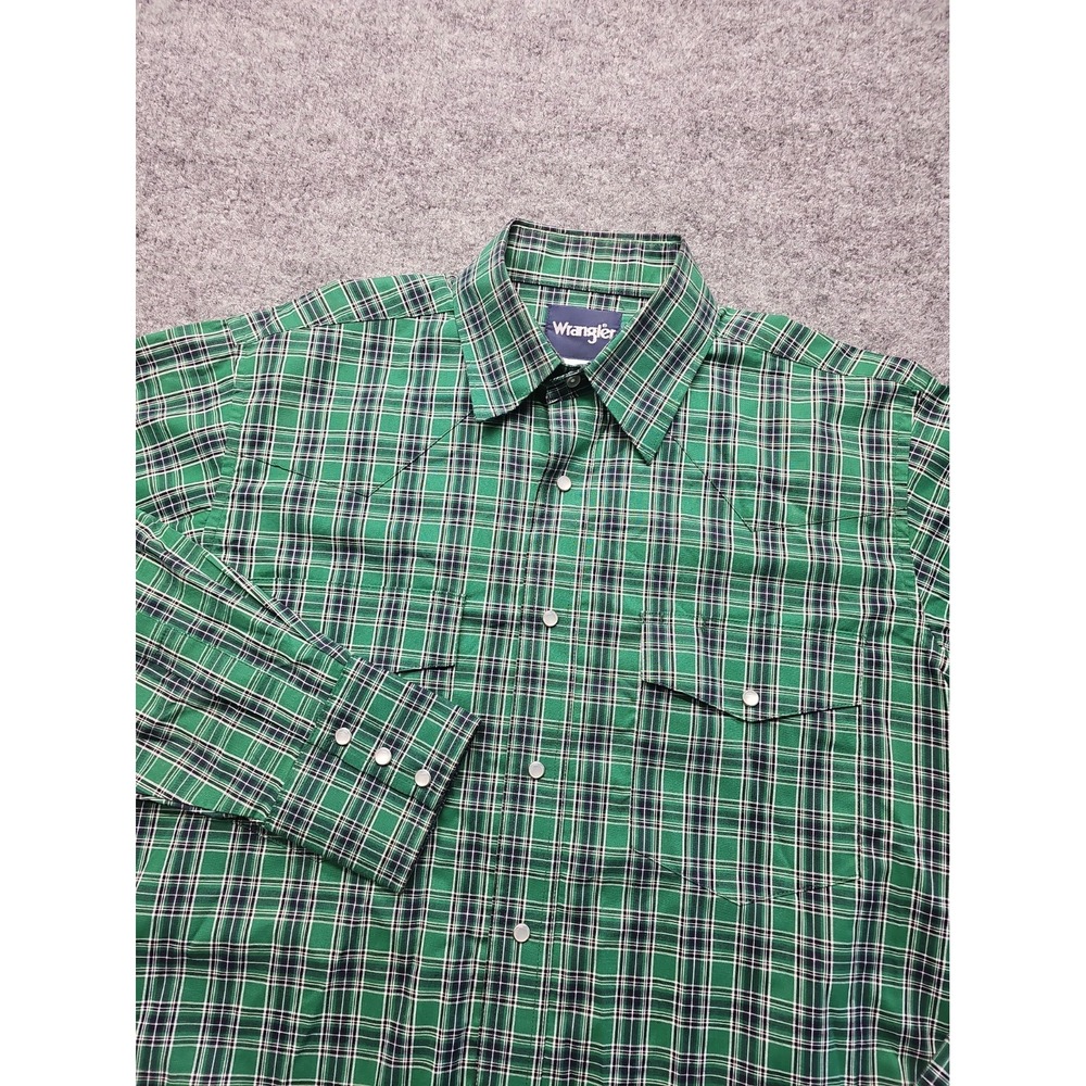 Wrangler Western Shirt "Mens Medium" Green Plaid Pearl Snap Cotton Polyester